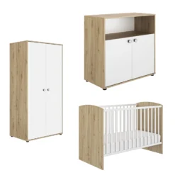 Trio Chambre Arthur : Lit + Commode + Armoire Blanc/Chêne De Galipette